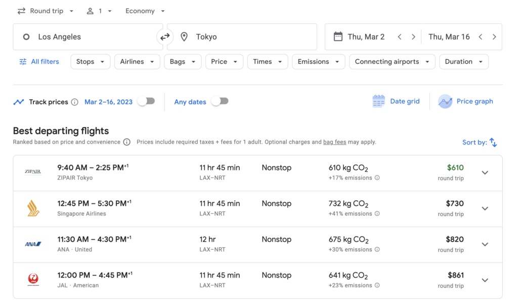 how to plan a trip for beginners - google flights search sample