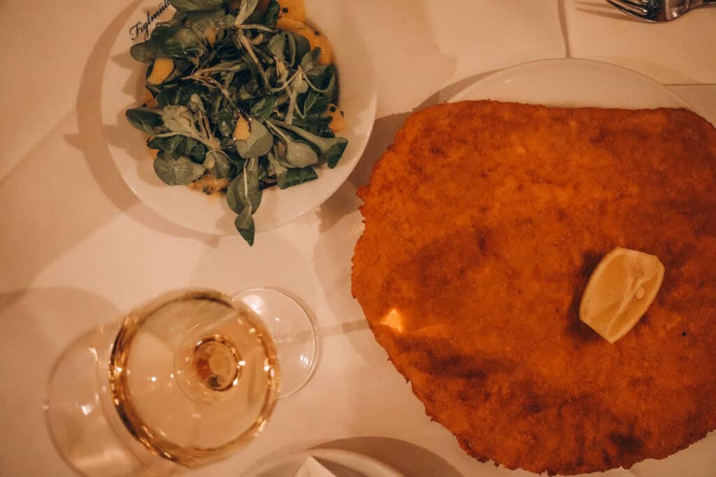 Wiener Schnitzel in vienna with potato salad and wine
